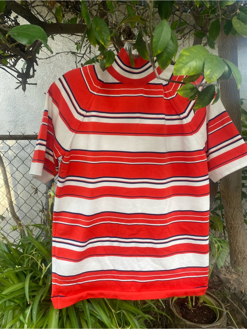 Red & White Striped Short-Sleeve Mock Neck Top